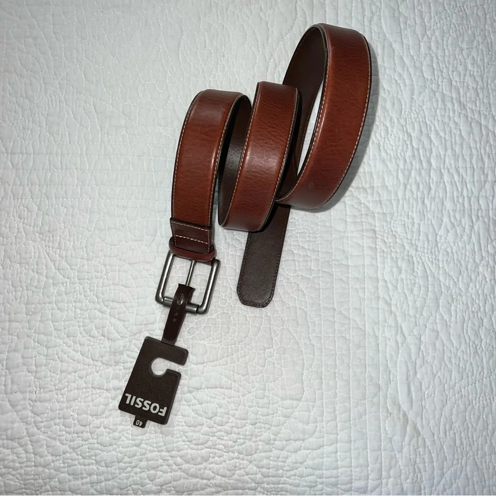 FOSSIL Woodrow Dark Brown Genuine Leather Belt Mens NWT Sz 40 - Picture 2 of 11
